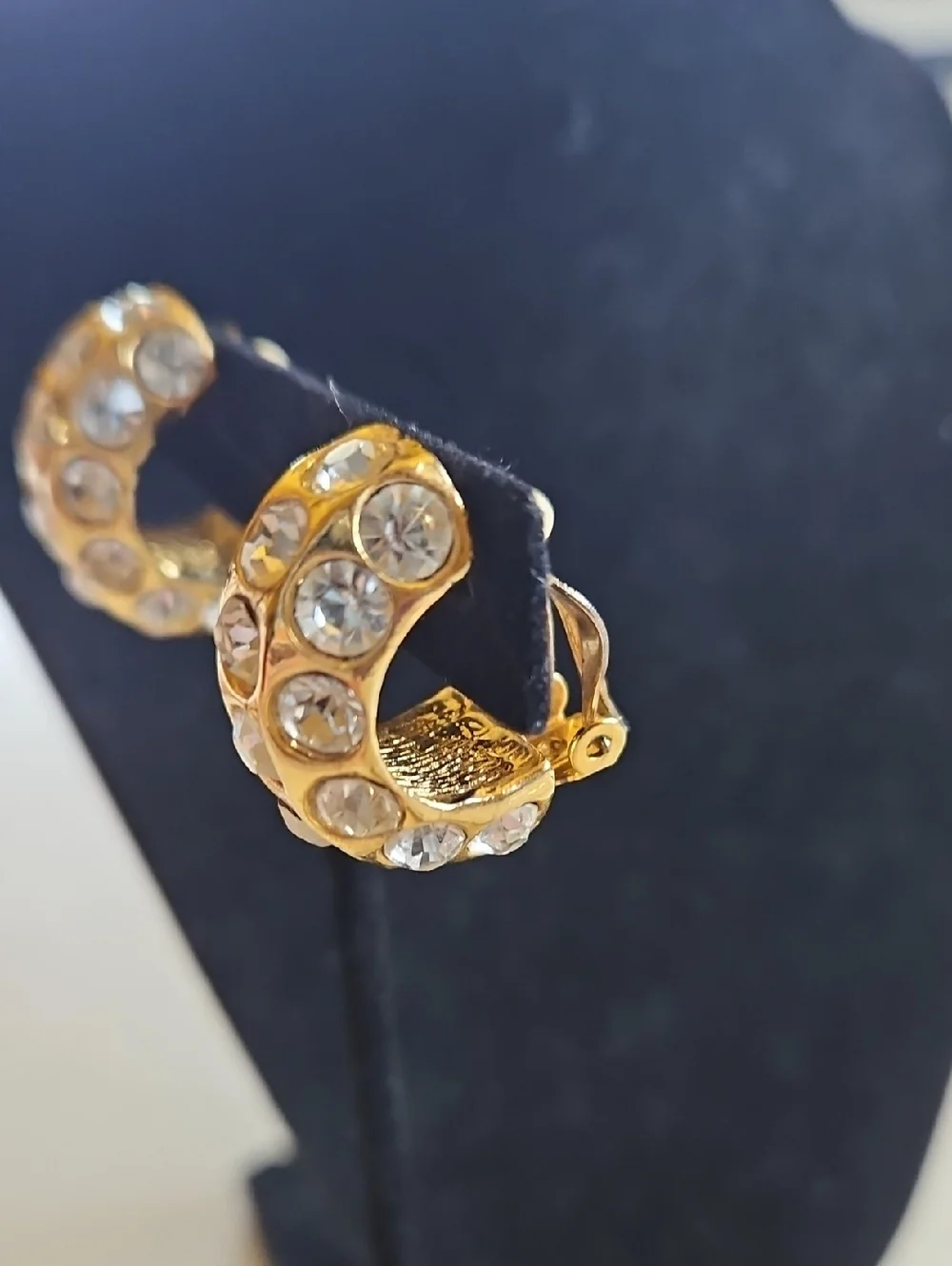 Clear rhinestone half hoop gold tone clip on earrings Prom Wedding - Picture 1 of 7